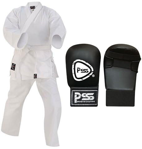 Prime Sports Shop Kinder Anzug Uniform für Karate Kampfsport Training Aikido Gi Judo, leicht, 100 % Baumwolle, vorgekrumpft mit Kinderkarate-Handschuhen in Schwarz und Rot, Größe S, Karate