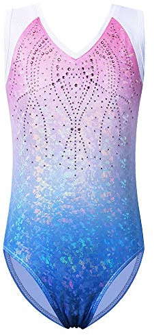 Znyune, Body da ginnastica per ragazze, con strisce colorate luccicanti, per danza e atletica, modello 230, colore rosa e blu 10A