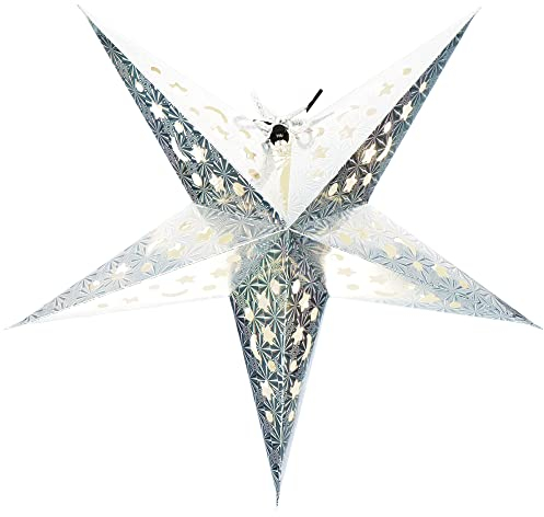 com-four® Leuchtstern in 3D mit LED Beleuchtung und Timer in warm-weiß zum Aufhängen, Stabiler Premium Papierstern in silberfarben (01 Stern - silberfarben - 43cm)