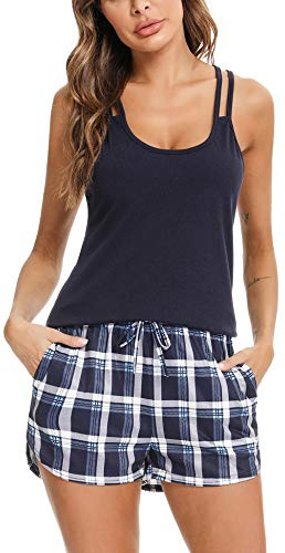 iClosam Pijama de Algodón Para Mujer Verano Corto a Cuadros Tirantes Con Camiseta Sin Mangas y Pantalones Cortos Ropa Para Dormir Suave S-XXL