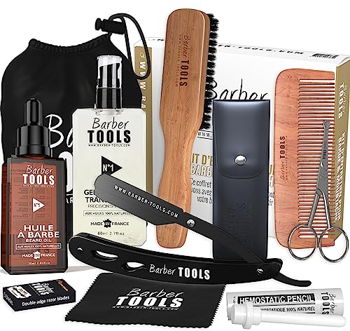 Bartpflegeset: Bartöl, transparentes Rasiergel, Rasiermesser mit Kohlschere, Bartbürste, Bartkamm, Schere, Aufbewahrungstasche
