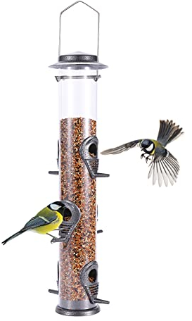 Urban Deco Metall-Vogelfutterspender, Röhren-vogelfutterhaus zum aufhängen, strapazierfähig, vogelfutterstation mit 6 Futterstellen, wetterfest und wasserabweisend (Grau)