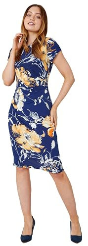 Roman Originals Ruched Waist Dress for Women UK Ladies Side Pleat Winter Autumn Textured Fitted Shift Pencil Smart Lined Stretchy Jersey Work Knee Length Round Neck - Orange - Size 20