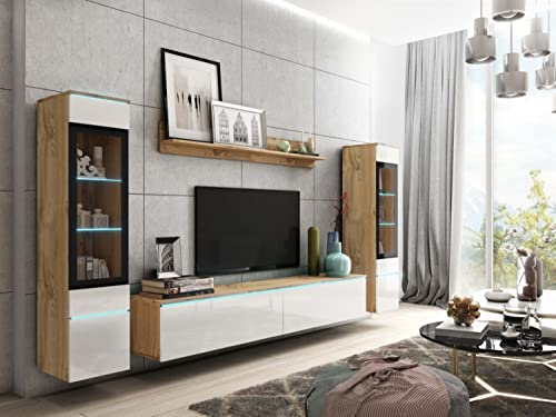 MINIO go for it - Wohnwand 4-Teilig Set Veve 2 I Hängend oder Stehend I 2X Hochschrank-Vitrine I Lowboard I Wandboard I Laminierte Spannplatte I Wotan Eiche und Weiß Gloss - ohne Beleuchtung