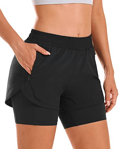 Stelle Women 2 in 1 Running Shorts High Waisted Athletic Shorts Gym Workout Shorts with Liner Zipper Pockets (Black, L)