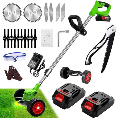 Gompuy - Cortador de borde inalámbrico con batería desbrozadora eléctrica con cuchilla de repuesto, desbrozadora con batería con ruedas extraíbles, regulable en altura, ligera, apta para familias