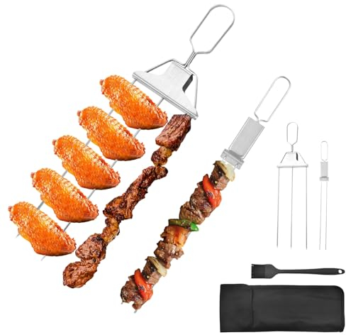 Realand Set di 6 spiedini per kebab a 3 e 2 rebbi, in acciaio inox, per grigliare con barra di spinta, spiedini piatti per kebab per grigliare, pollo, shish