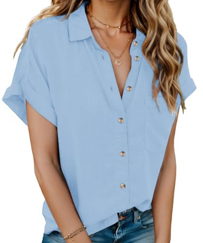 Hotouch Camicia da Donna Estiva Casual a Maniche Corte Camicetta con Scollo a V in Cotone Tinta Unita Elegante con Tasca Azzurro Cielo S