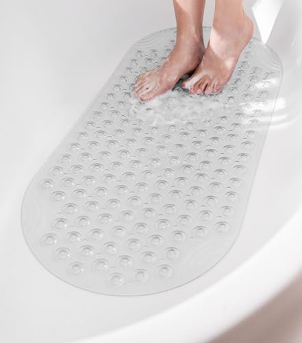HITSLAM Bath Mat, Bath Mat Non Slip Anti Mould for Tub, 88 x 40 CM Oval Bathroom shower mat, Machine Washable PVC Bathtub Mat With Suction Cups and Drain Holes, Soft on Feet, Clear