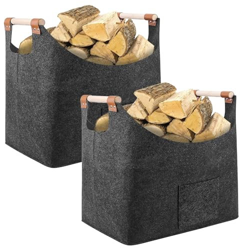 thirei 2 Pcs Felt Firewood Basket with Wooden Handles, Firewood Basket, 55 x 32 x 40 cm, for Storing Firewood, Newspapers and Toys, Dark Grey, Wood Baskets, Felt Basket