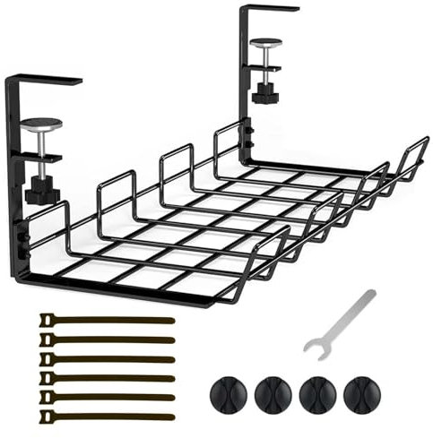 Under Desk Cable Management Tray No Drill Cable Racks Under Desk Cable Organizer for Wire Management, Sturdy Metal Cable Tray Basket for Office and Home Standing Desk