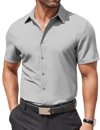 COOFANDY Camicia da Uomo A Maniche Corte Vestito Camicia Business Stretch Camicia Formale No Iron Regular Fit Camicie Button Down Camicia dello Sposo Grigio Chiaro L