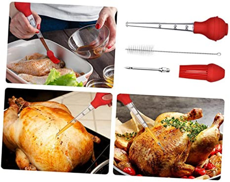 BEBEMOKO 4pcs Silicone Turkey Baster Dripless Seasoning Pump Oil Tube Cleaning Brush for Barbecue Roast Turkey