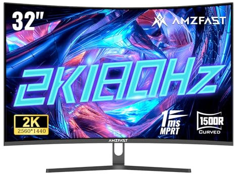 Amzfast Monitor Gaming Curvo 32 Pollici - QHD 2560x1440, 180Hz, 1ms MPRT, Adaptive Sync, Pannello VA 1500R, sRGB 120% / DCI-P3 90%, HDMI 2.0 + DP 1.2, VESA 75x75, Supporto Metallico, AMZG32C3Q