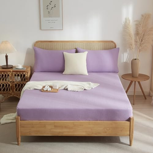 Luofanfei Spannbettlaken 180x200 Baumwolle Muslin Lila Boxspringbett Frottee Topper Weich Uni Atmungsaktiv Bettlaken für Hohe Matratze bis 25-30 cm