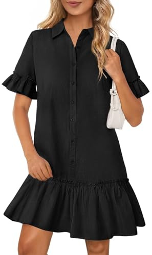Adigaber Vestiti Scollo a V Casual da Donna Manica Arricciata Imbottito Tinta Unita Abito a Camicia con Tasche