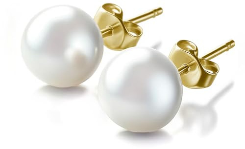 ISAAC WESTMAN AAA+ White Freshwater Cultured Pearl Stud Earrings, 14K Yellow Gold Hypoallergenic Earrings with Genuine Cultured Pearls, Flat Back Button Pearl Earrings (4 mm)
