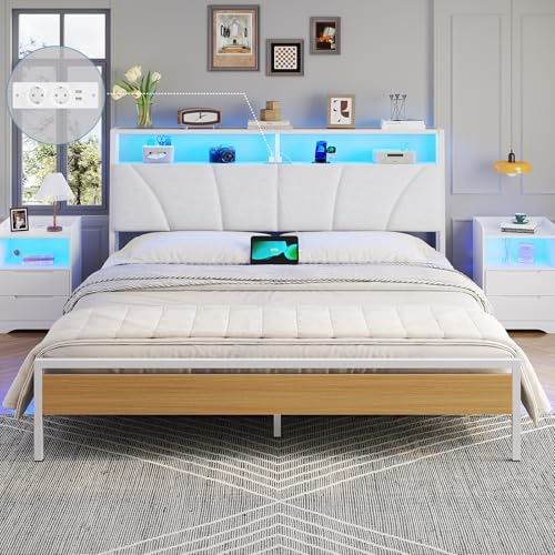 Brinlawb Letto Imbottito 180x200 cm, Struttura letto con Luce LED e Stazione di Ricarica (2 Prese CA 2 Porte USB) Letto Matrimoniale con testiera e pediera, Facile da montare, Moderno, Bianco