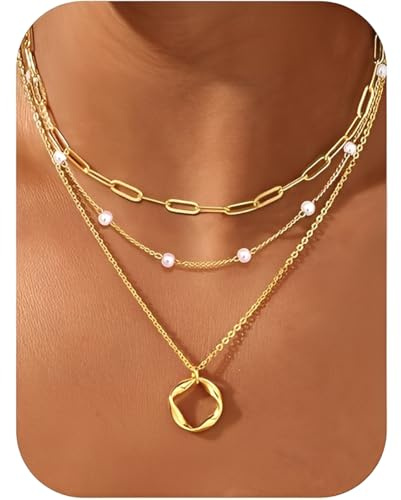 3 Piezas Collar Oro Mujer, Collar Layered Mujer Oro 14K Bañado Acero Inoxidable, Chokers Collares con Perlas, Colgantes Circulares Moda Collar Oro Ajustable, Joyas Regalos