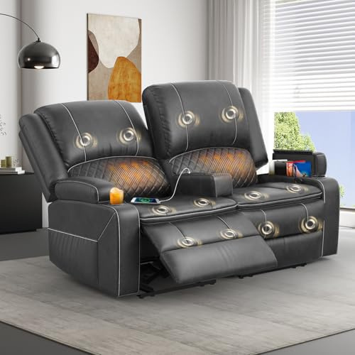 SQUEBILIFE Recliner Chair 2 Seater Sofa Set with Massage&Heating, Reclining Mechanism, Console Built-in Cup Holders, USB Ports, Side Storage Pockets, Fabric Reclining Sofa
