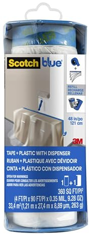 ScotchBlue Malerabdeckfolie mit Klebeband im Kunststoffspender - 1 Rolle, 1,21 m x 27,4 m (33,4 m²), Malerabdeckfolie - Oberflächenschutz für Malerarbeiten