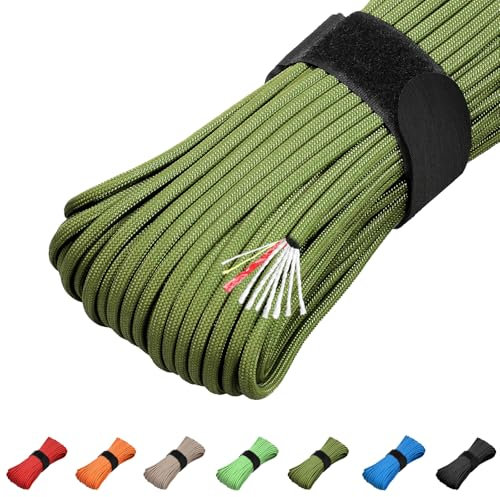Survival Paracord 550 Fire Paracord Survivor Cord Nlyon Rope 10 Strands US Military Type III 550 Tactical Paracord Parachute Cord with Integrated Fishing Line, Fire-Starter Tinder 4 in 1 (Army Green)