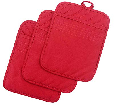 Anyi Pot Holders for Kitchen Heat Resistant, Cotton Hot Pads for Counter Table, Red Kitchen Pot Holders with Pocket