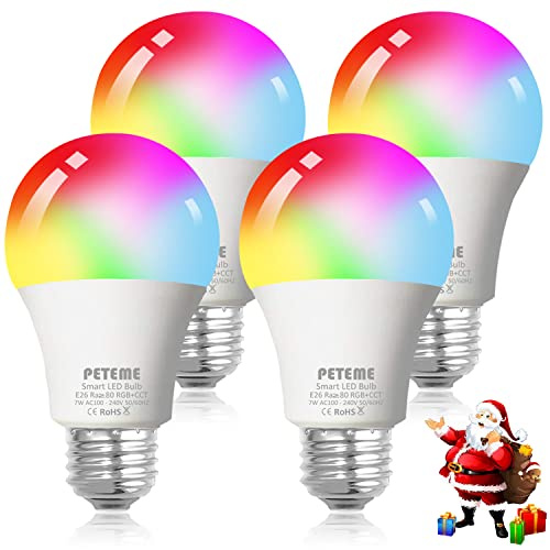 Peteme Smart WiFi Alexa Light Bulb, Led RGB Color Changing Bulbs, Compatible with Alexa, Siri, Echo, Google Home (No Hub Required), E26 A19 60W Multicolor (4 Pack)…
