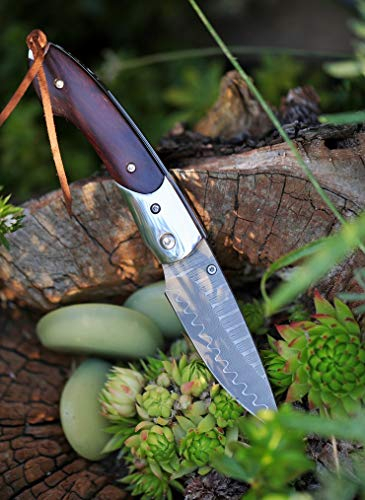 DELLINGER Mushroom Killer VG-10 Damast fickkniv & fällkniv & damaskusstål kniv & utomhus damaskkniv, folder kniv 7,5 cm blad