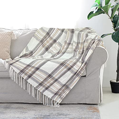 Taupe Grey and White Plaid Decor Tartan Blanket, Lightweight Soft Chenille Striped Knitted Rustic Farmhouse Throw with Tassels for Couch Sofa Chair Bed Office Home, 50 x 60