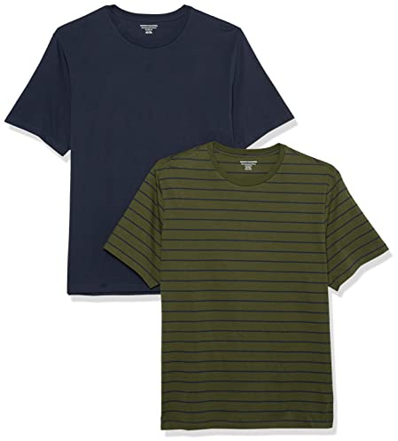 Amazon Essentials Maglietta Girocollo a Maniche Corte dalla vestibilità Aderente Uomo, Pacco da 2, Blu Marino/Verde Oliva Righe, L