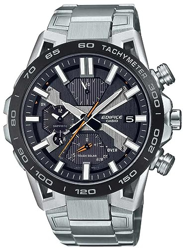 Casio Herren Solar Armbanduhr, 55.60mm Gehäusegröße mit schwarz analog Zifferblatt und Silber Metallarmband Armband EQB-2000DB-1AER