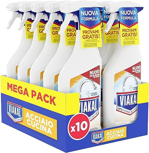 Viakal Acciao Cucina, La potenza Dell’Aceto Per Rimuovere Fino Al 100% Di Calcare Con La Tecnologia Anti-Goccia, Pack of 10