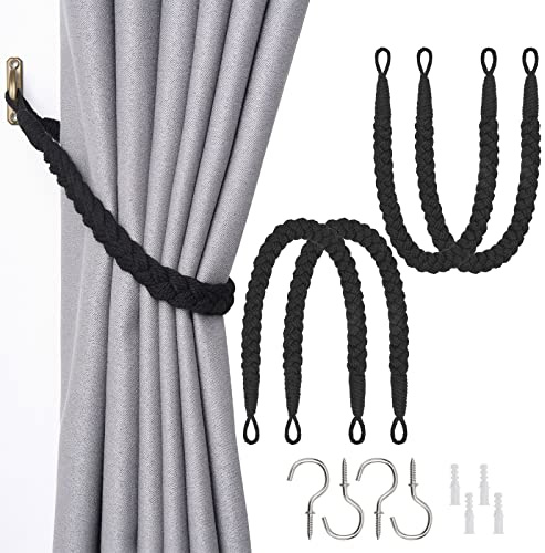 Pretty Jolly 4-pack naturligt bomullsrep gardinbindningar elegant boho-stil dekorativ draperi knytband mjuka handvävda gardinomtag med metallkrok för hem och kontor draperi (svart)
