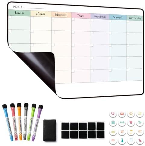 MCCORL Calendario magnetico Lavagna bianca Planning frigo, Organizzazione familiare, pianificatore mensile/settimana cancellabile perfetto per pianificazione delle attività, menù settimana/pasto in