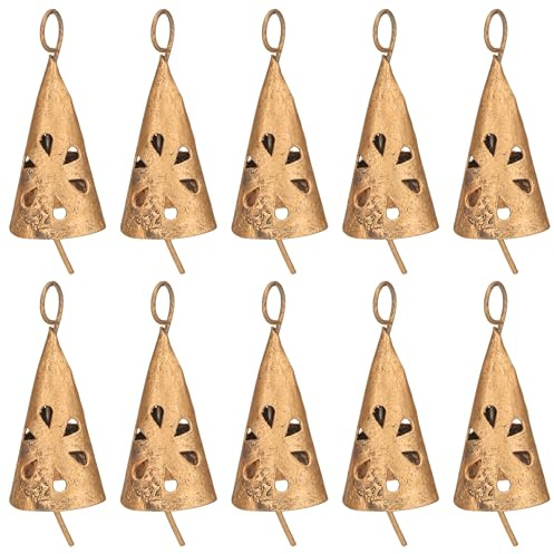 Vivanta Pequeños adornos de Navidad de metal rústico vintage dorado para manualidades, pequeñas campanas de vaca para colgar campanillas, campanas creativas indias hechas a mano (campana de diseño de
