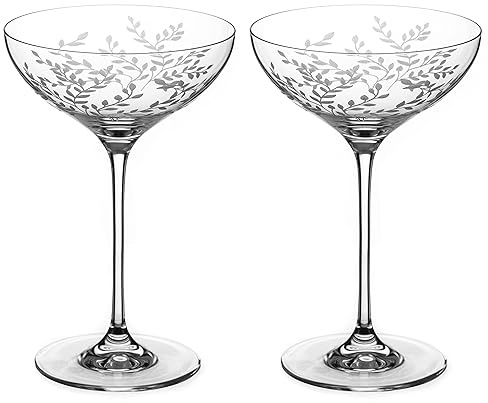 DIAMANTE Champagne Cocktail Saucers Coupes Pair - ‘Breeze’ - Intricately Etched Floral Leaves Pattern - Set of 2