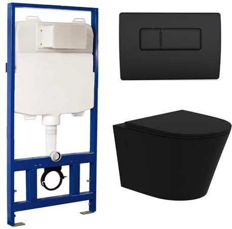 Verona Matt Black Wall Hung Rimless Toilet with Soft Close Seat Black Pneumatic Flush Plate 1170mm Frame & Cistern