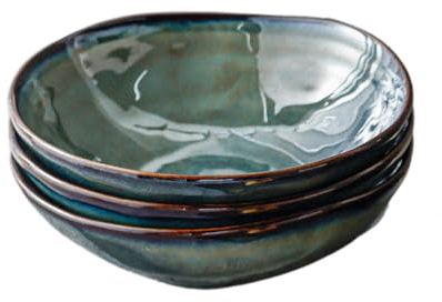 Kadum Lot de 4 assiettes en céramique, assiettes plates, assiettes à pâtes, assiettes à petit-déjeuner, bols méditerranéens, bleu, vert et doré (4 assiettes à pâtes Ø 20 cm)