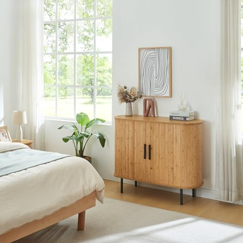 [en.casa] Buffet avec Portes Coulissantes Armoire d'Appoint Meuble Bas Placard Vaisselier Commode avec 8 Compartiments pour Salon Chambre Bureau Entrée MDF Bambou Métal 100 x 40 x 80 cm Naturel Noir