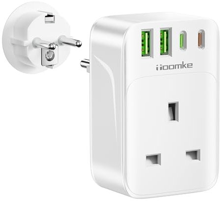 UK to European Plug Adapter with PD 35W USB C Ports Fast Charge, UK to EU Adapter with 4 USB Ports Travel Adaptor for Germany France Iceland Poland Spain Turkey Russia and More (Type E F), White