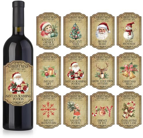 URROMA 48 Etichette per Bottiglie di Vino Merry Christmas, 12 Disegni Vintage Adesivi per Bottiglie di Vino di Natale, Involucri per Bevande per bomboniere Forniture Decorative