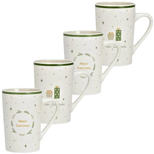 matches21 HOME & HOBBY Juego de 4 Tazas de Porcelana de 385 ml con Texto Festivo, 12 x 8 cm de diámetro, Taza de Vino Caliente para Invierno, Navidad, Porcelana, Apto para lavavajillas