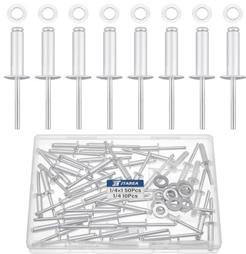 JTAREA 60 Pièces Rivets Aveugles en Aluminium 6,4 × 25 mm avec Rondelles Rivet à Bout Ouvert Rivets Pop Tete Large (Argent)