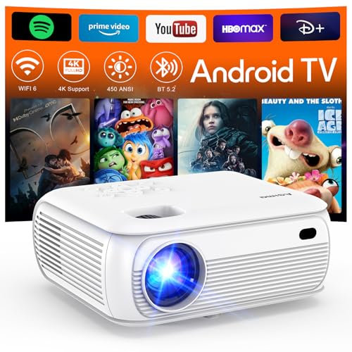4K Proiettore 1080P Nativo 2025 proiettore Portatile con Smart TV OS Apps integrate, 450ANSI, Altoparlanti stereo, WiFi 6, Bluetooth 5.2 Proiettore Compatible con TV Stick/Smartphone/HDMI,Bianco