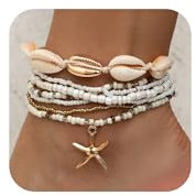 Kinretixia 7-teiliges Muschel-Fußkettchen-Set für Damen, verstellbar mit Boho-Perlen, Weiß, Rot