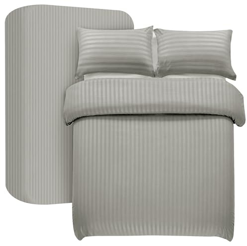 My home store Grey King Size Duvet Cover Sets 4 Pcs Satin Stripe Duvet Covers Soft Brushed Microfiber Bedding Set with Fitted Sheet 30 CM Deep & 2 Pillow Cases