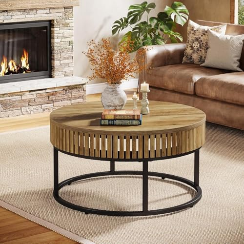 Tribesigns Runde Couchtisch, 80cm Wohnzimmertisch, Moderne Couchtisch Holz, Industrial Sofa Beistelltisch für Das Wohnzimmer, Hellbraun