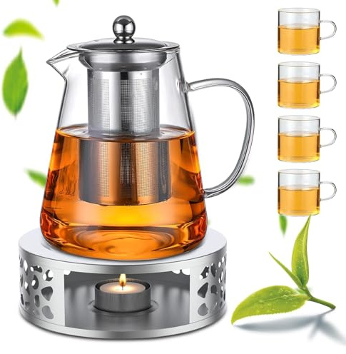 Yuragim Teekanne mit Stövchen Set, 1300ml Teekanne Glas mit Siebeinsatz & Stövchen & 4 * 120 ml Glas Teetasse, Teebereiter Teeservice Tee Kanne mit Sieb & Edelstahl Teewärmer für Schwarzen Grüner Tee
