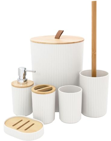Juego de accesorios de baño Anika/Juego de elementos esenciales modernos para el baño/Incluye soporte para cepillo de dientes, cubo de basura, escobilla de inodoro, taza, jabonera y dispensador de
